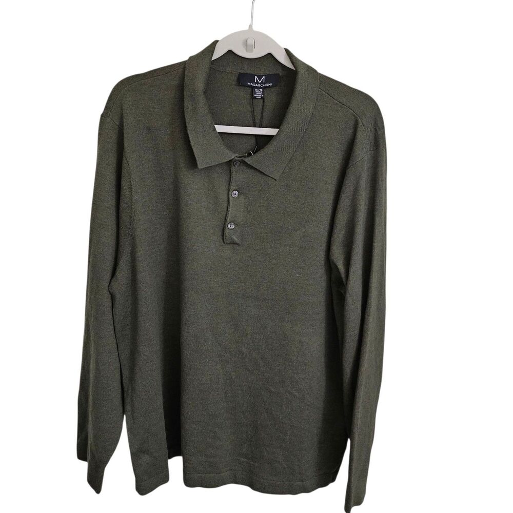 Magaschoni Sweater Mens XL Olive Heather Green Henley Wool Blend Collared NWT